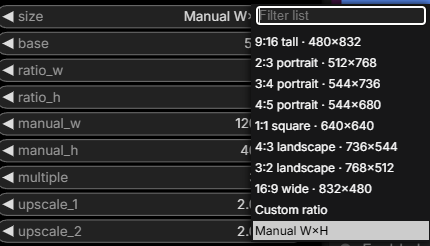 size dropdown