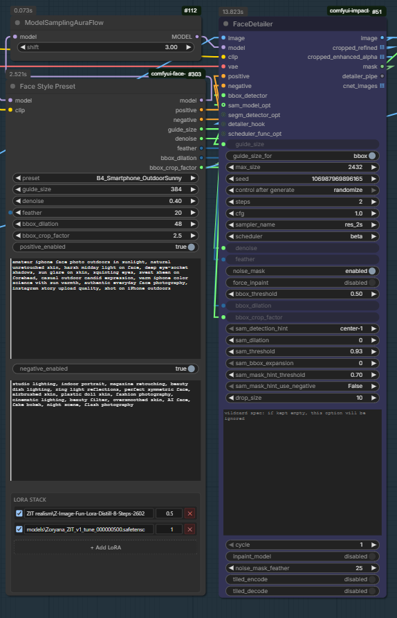 Face Style Preset node wired to ModelSamplingAuraFlow and FaceDetailer