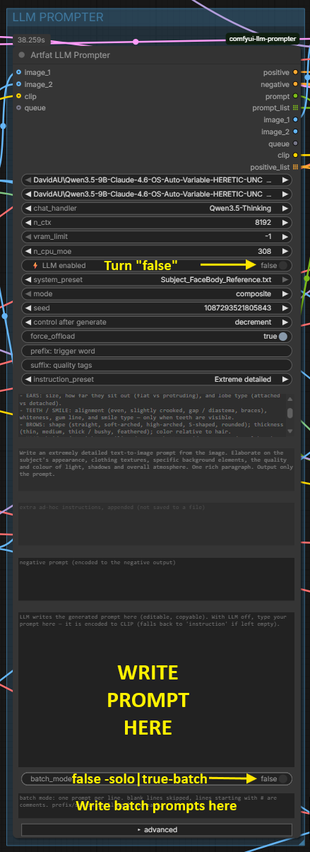 Turn the LLM off, then type your prompt straight into the final_prompt box — a plain CLIP Text Encode