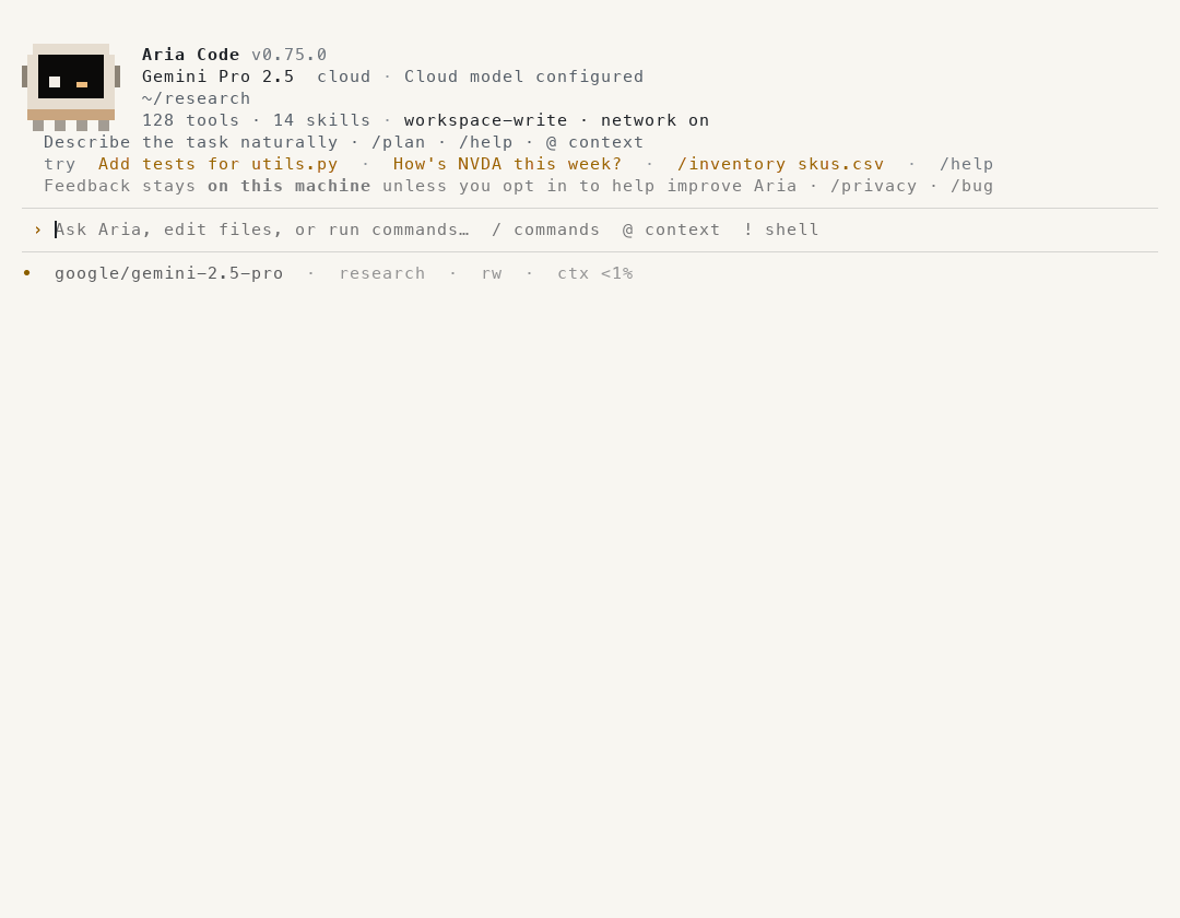 Real Aria Code session: technical indicators for AAPL and a one-year momentum backtest on SPY, with data source, period and completeness stated
