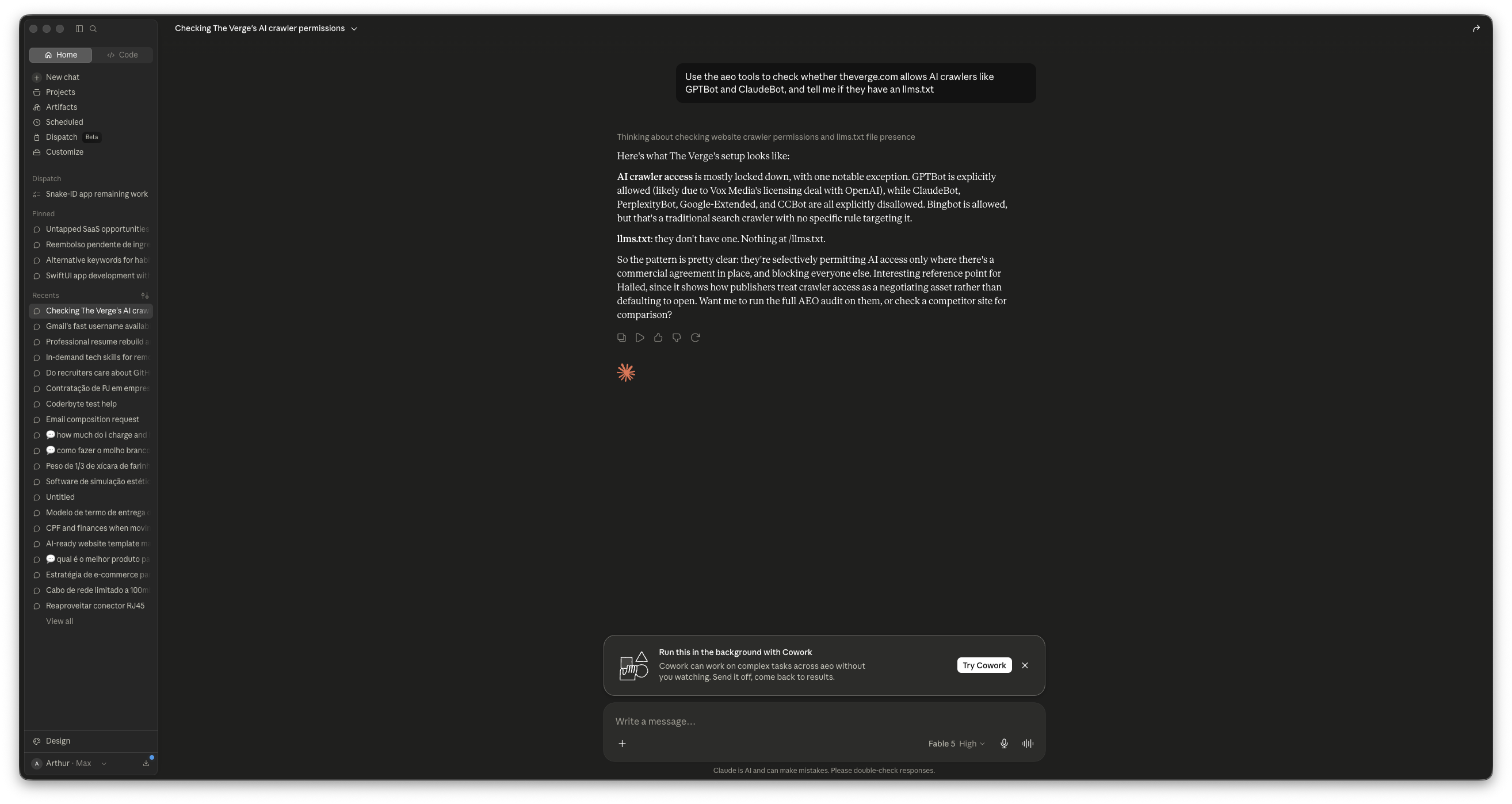 Claude Desktop using aeo-mcp to inspect The Verge's AI crawler policy