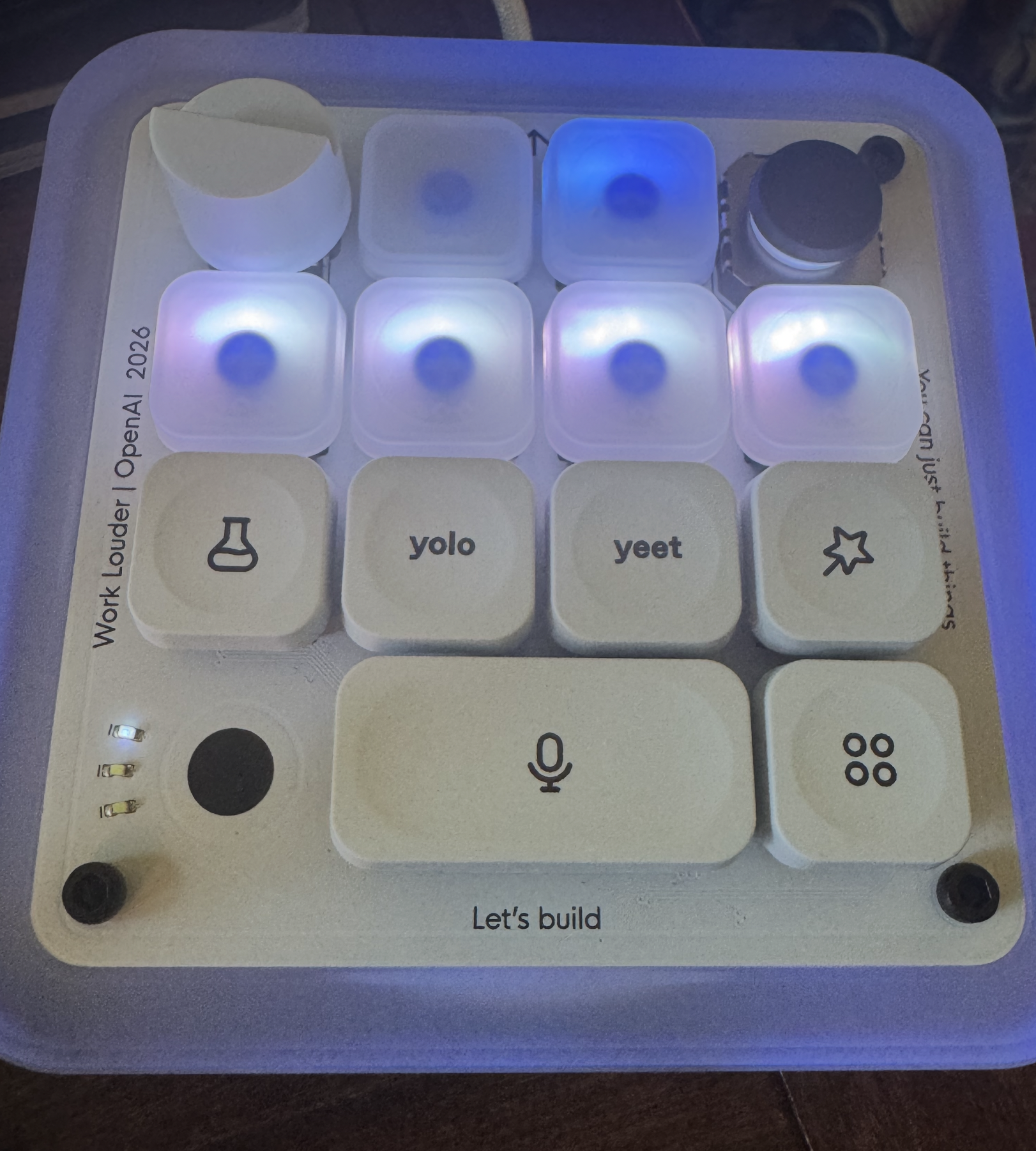 The exact Creator Micro 2 / Codex Micro unit analyzed, with six transparent Agent keys, action keys, encoder, joystick, and touch control