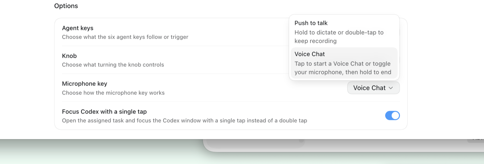The desktop setting confirms two microphone-key modes: push-to-talk dictation and Voice Chat, where a tap starts or toggles the microphone and a hold ends the session.