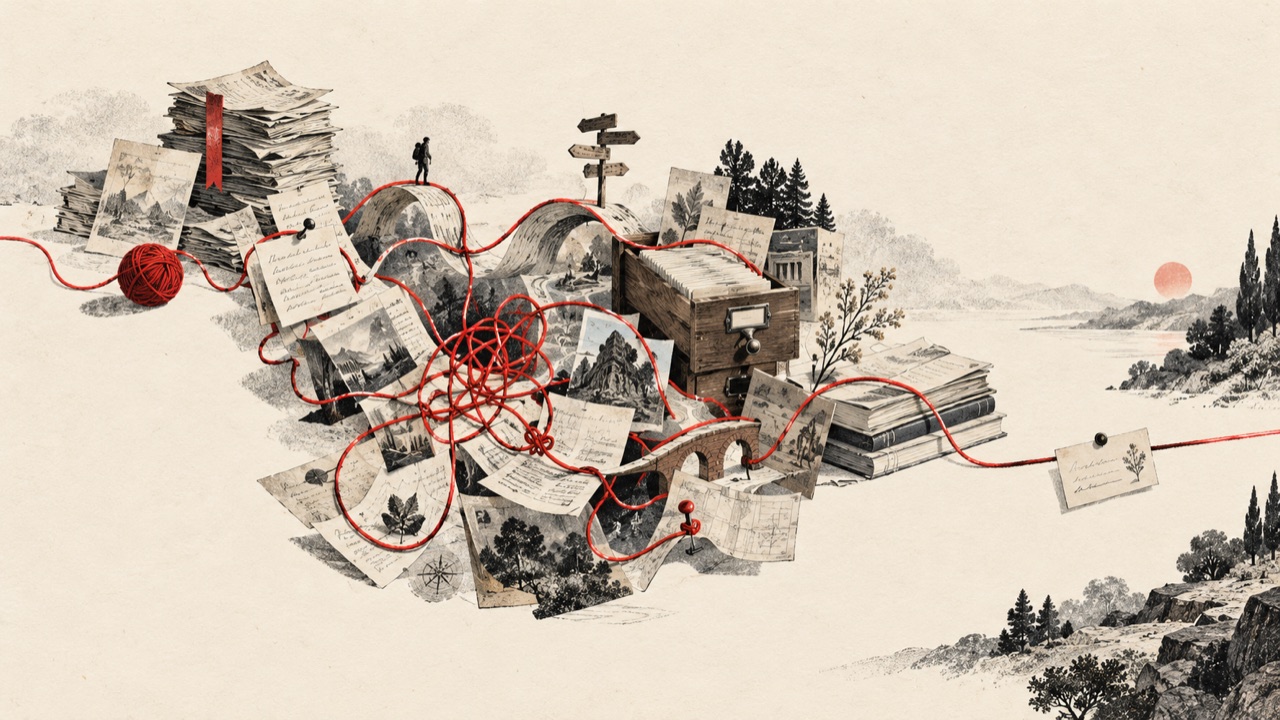 A red thread winds through a landscape of papers, maps, and filing drawers.