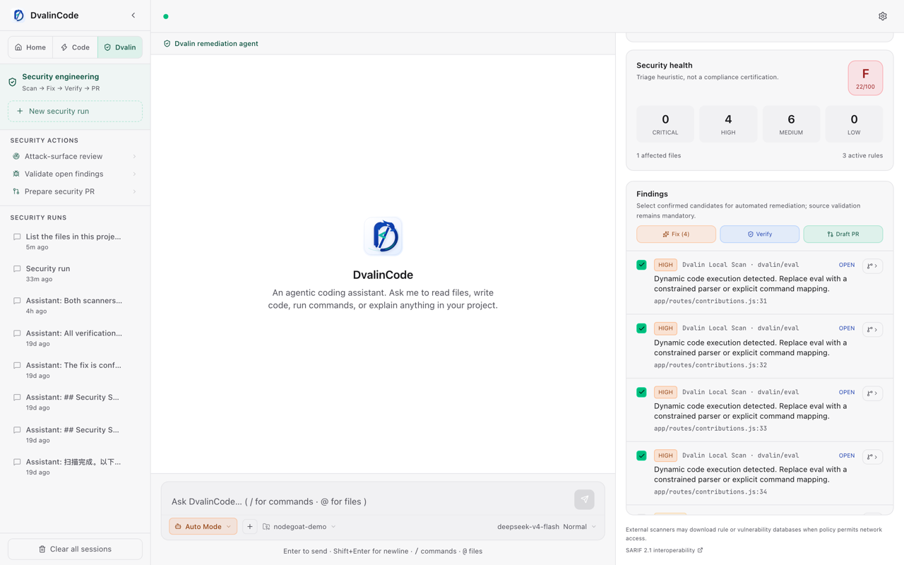 Dvalin Security health showing 22/100 F with 4 high and 6 medium findings, and a Findings list locating each eval to a line in the NodeGoat-derived route