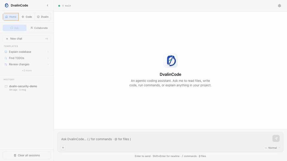 DvalinCode switching between Home, Code, and Dvalin