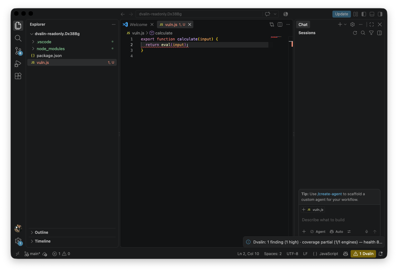 A Dvalin finding and its coverage status inside VS Code