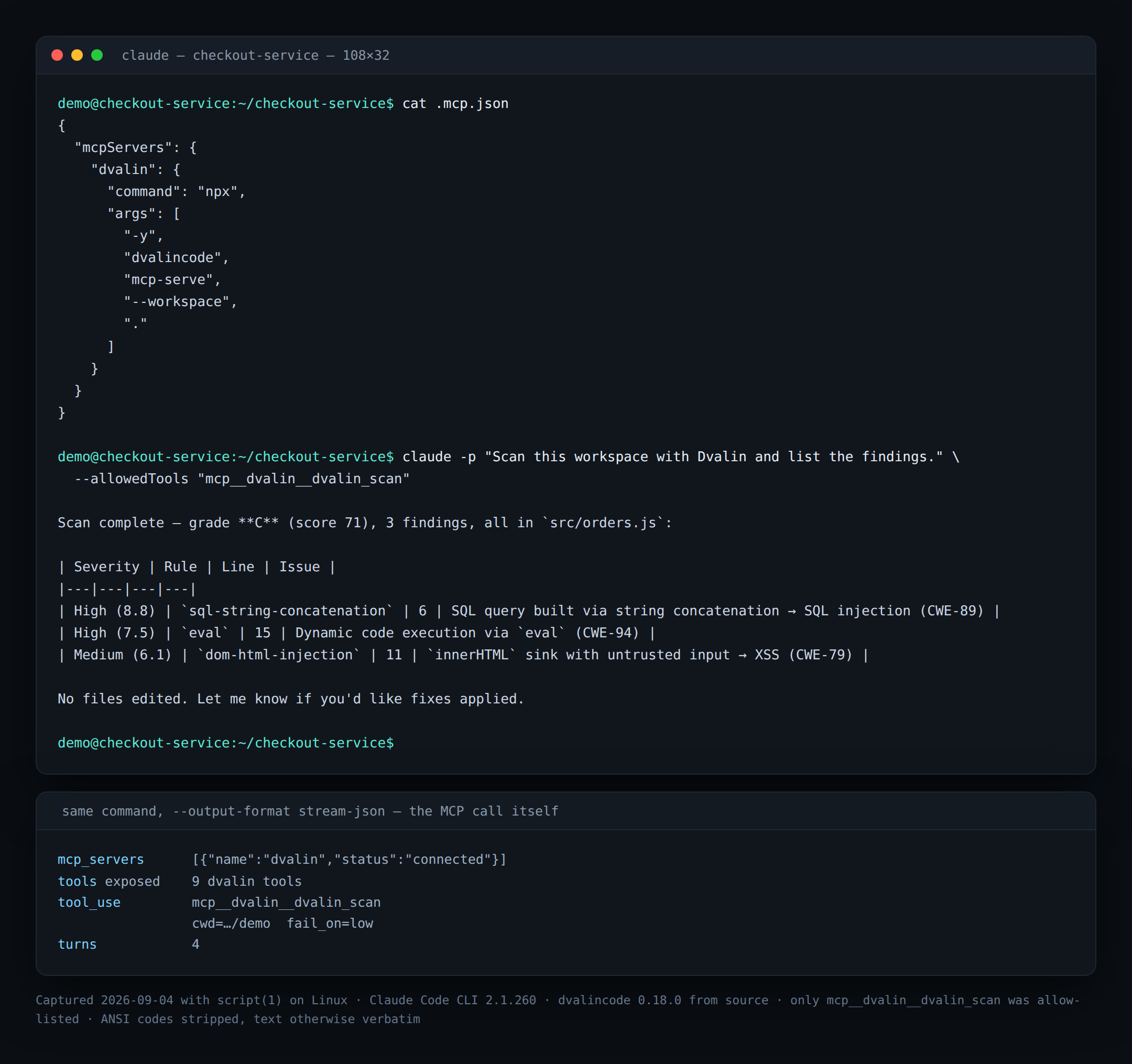 A Claude Code session calling the Dvalin MCP server
