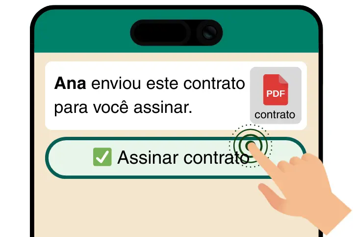 Demonstração do AssineZap: contrato sendo assinado pelo WhatsApp com um toque