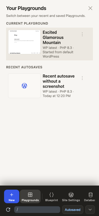 Mobile saved Playgrounds list with top-aligned details and a framed fallback
