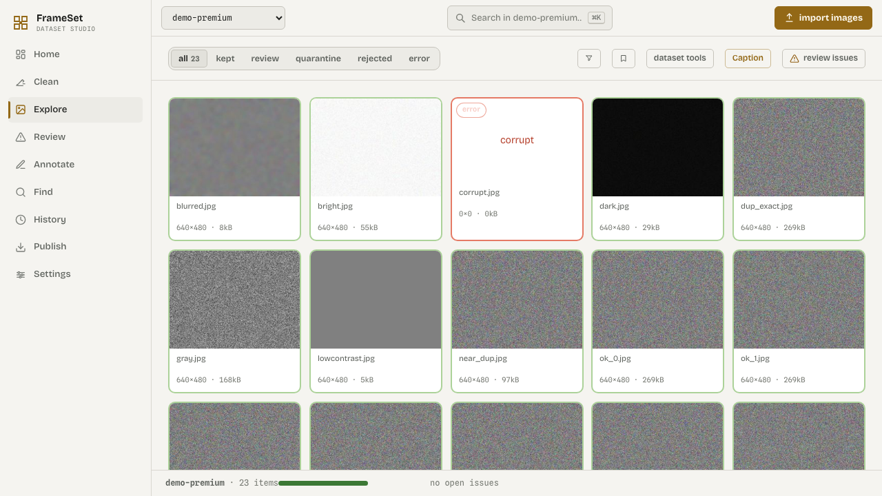 Dataset gallery with quality states