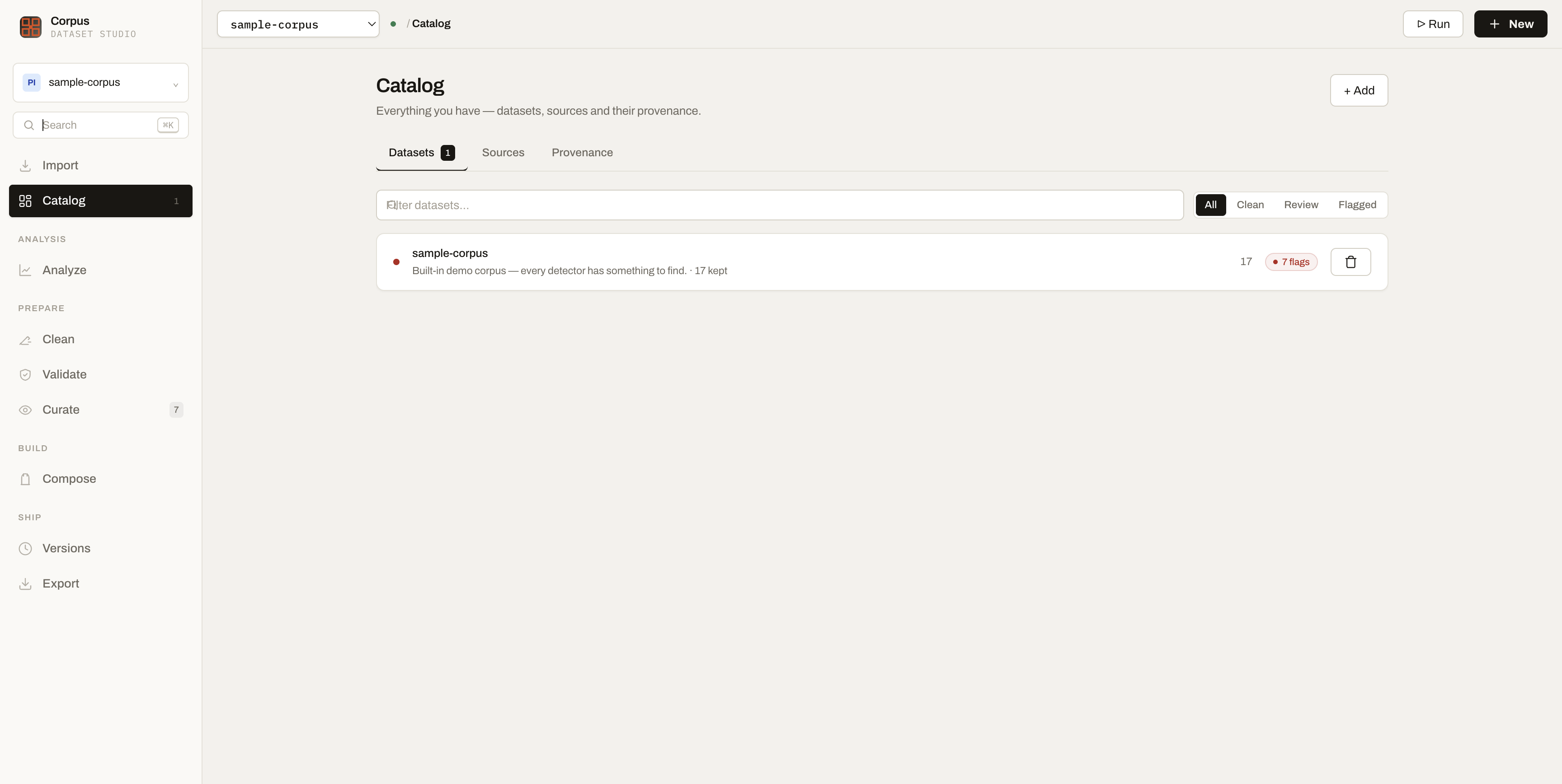 Catalog showing the sample corpus and dataset provenance