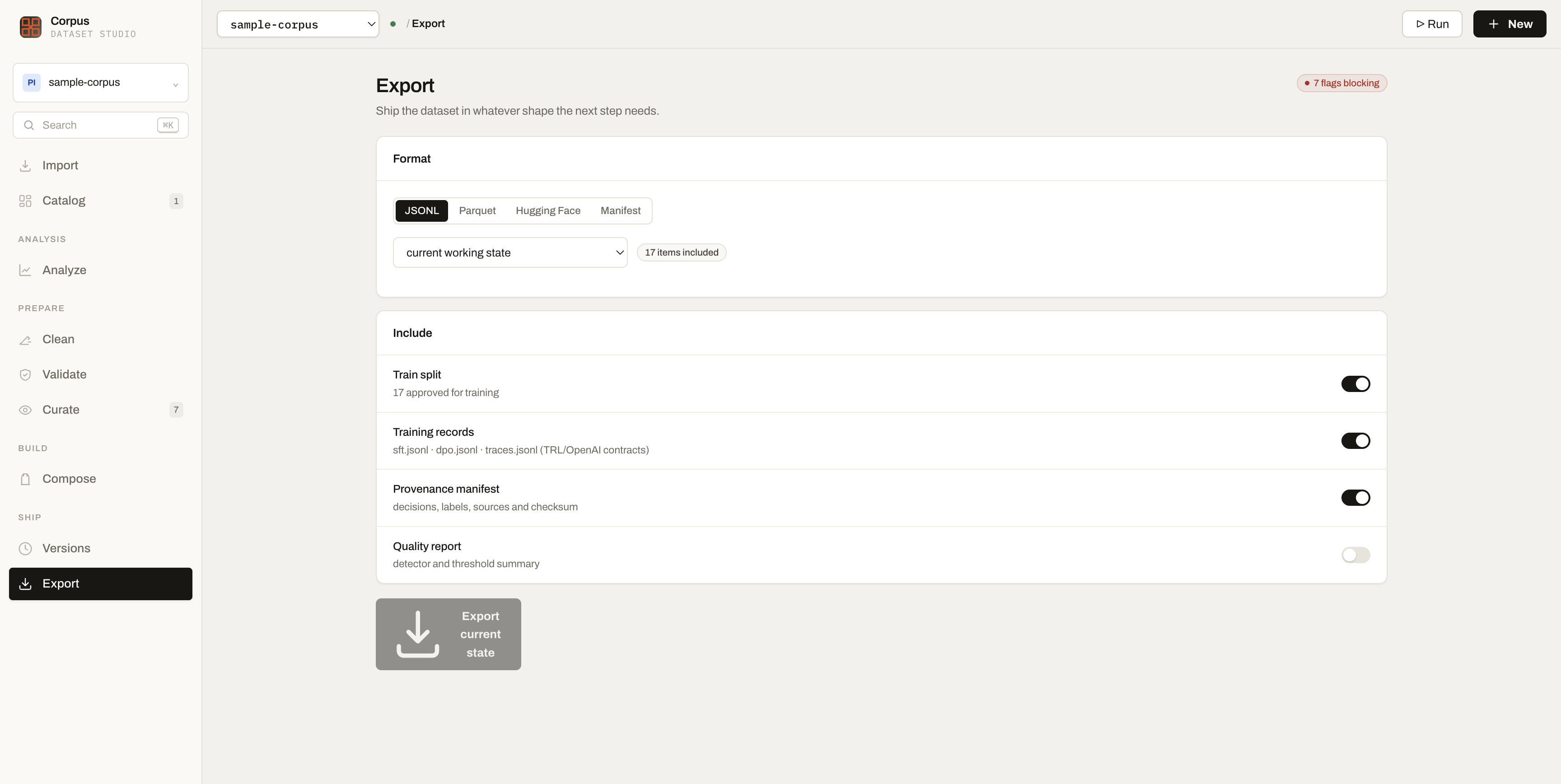 Training-ready export screen