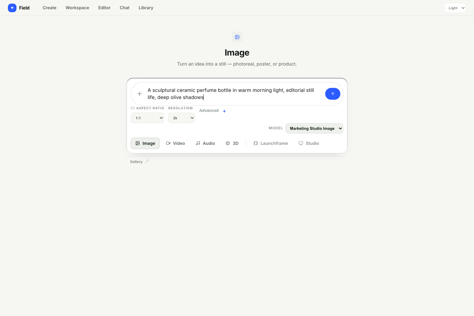Image creation screen with a sample prompt and generation settings