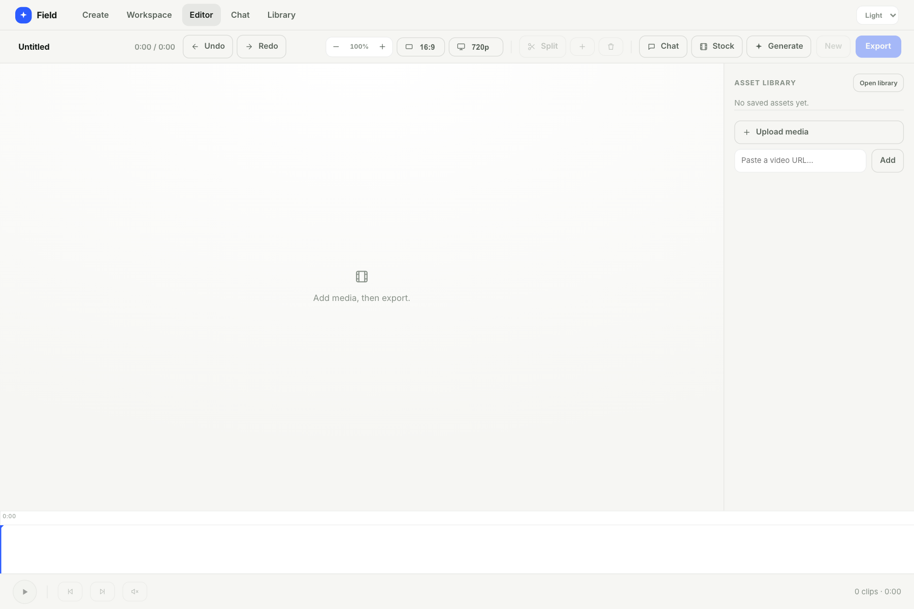 Timeline editor with preview, media library, and export controls