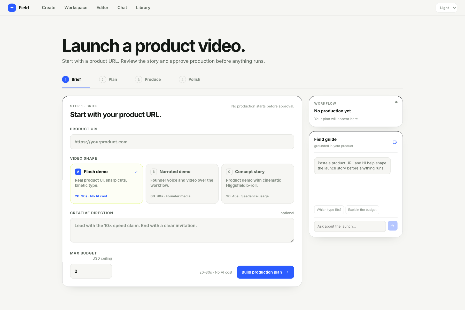 Launchframe brief screen with video types, budget, and approval workflow