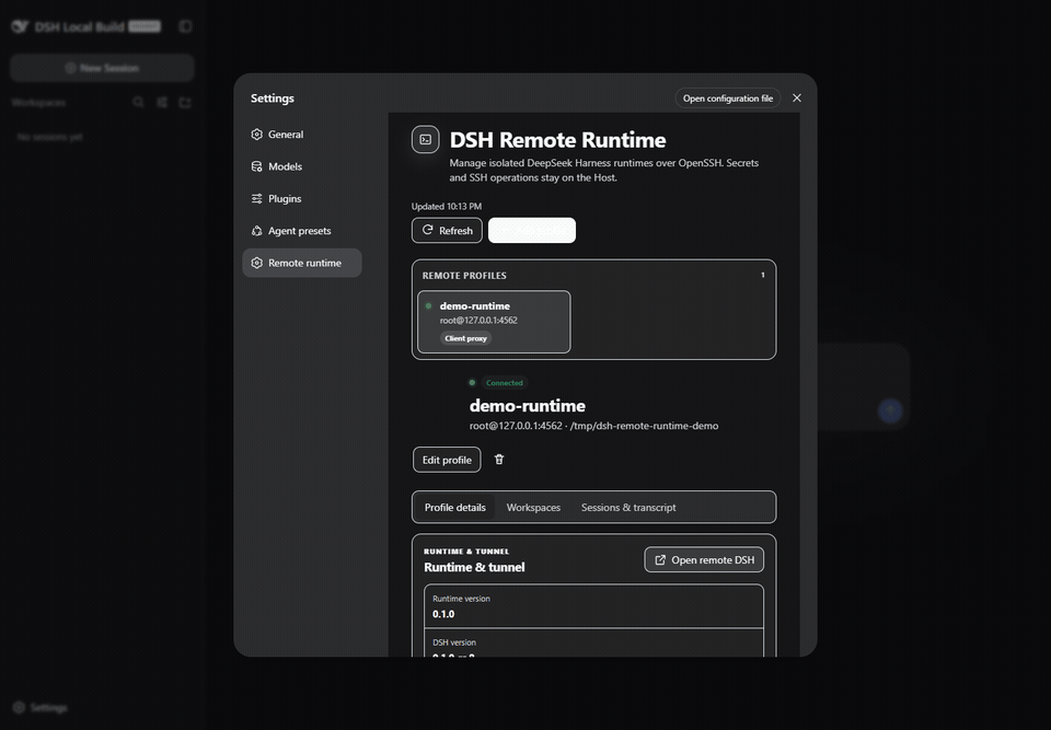 Connected profile, Doctor, credential status, workspaces, real DeepSeek Session, and remote Harness UI