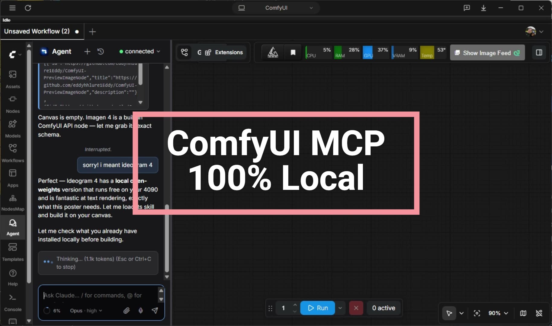 The Agent panel driving ComfyUI end to end — click to watch the demo