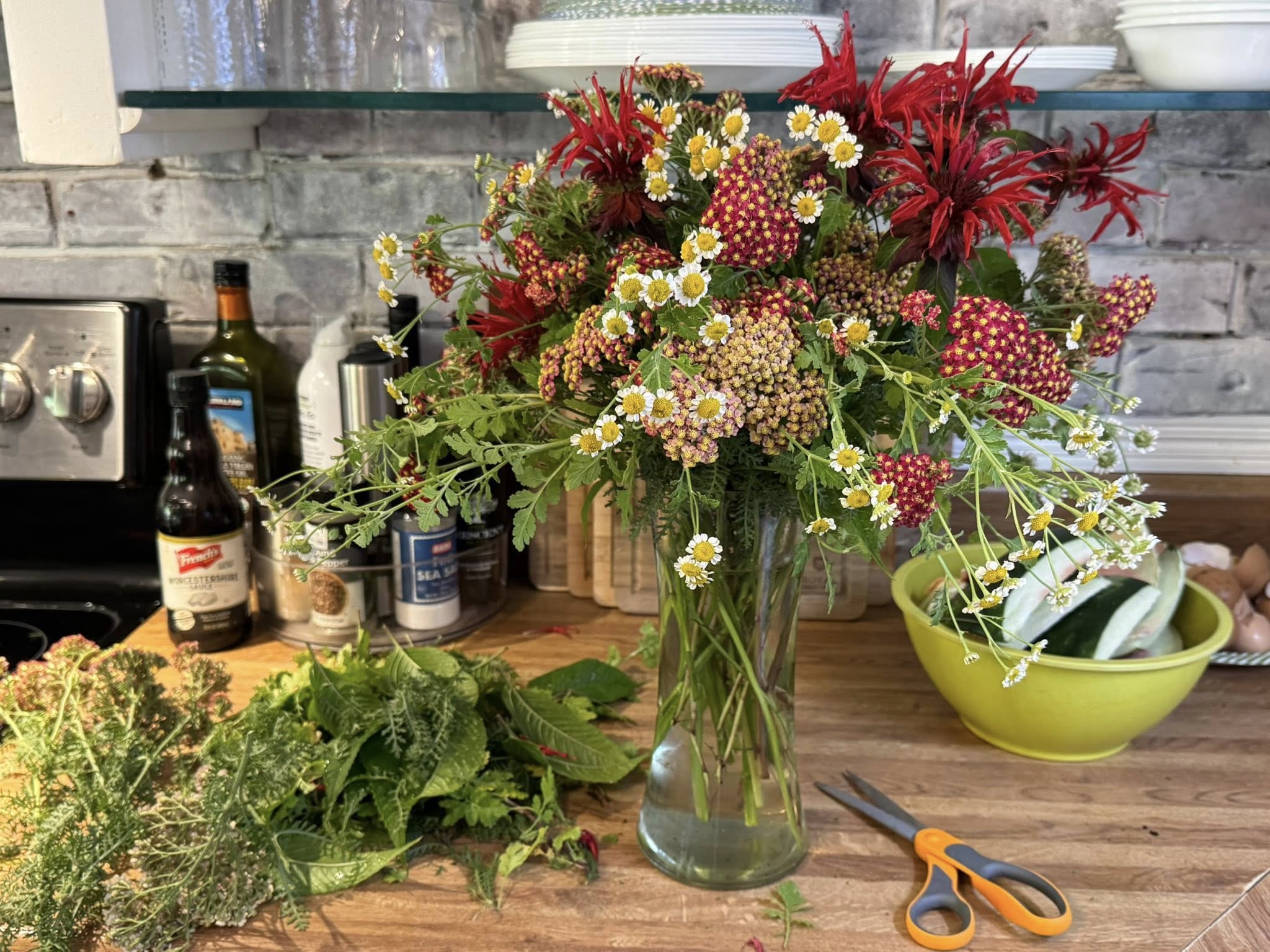Flower arranging in the kitchen