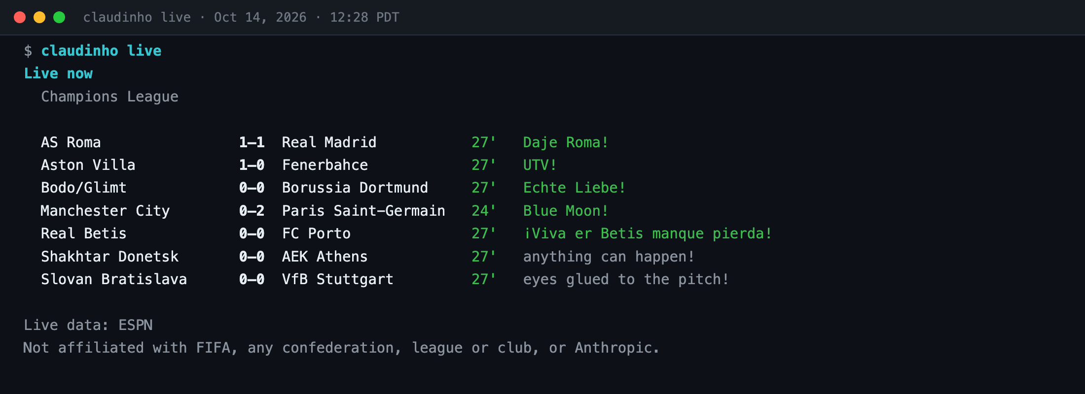 claudinho live during the Champions League on Oct 14, 2026: seven matches in play around the 27th minute, each with its score, minute and a line of commentary or a rally cry