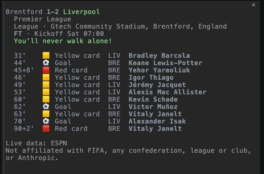 The match pane in Claude Code: Brentford 1–2 Liverpool, its goals and cards with each player