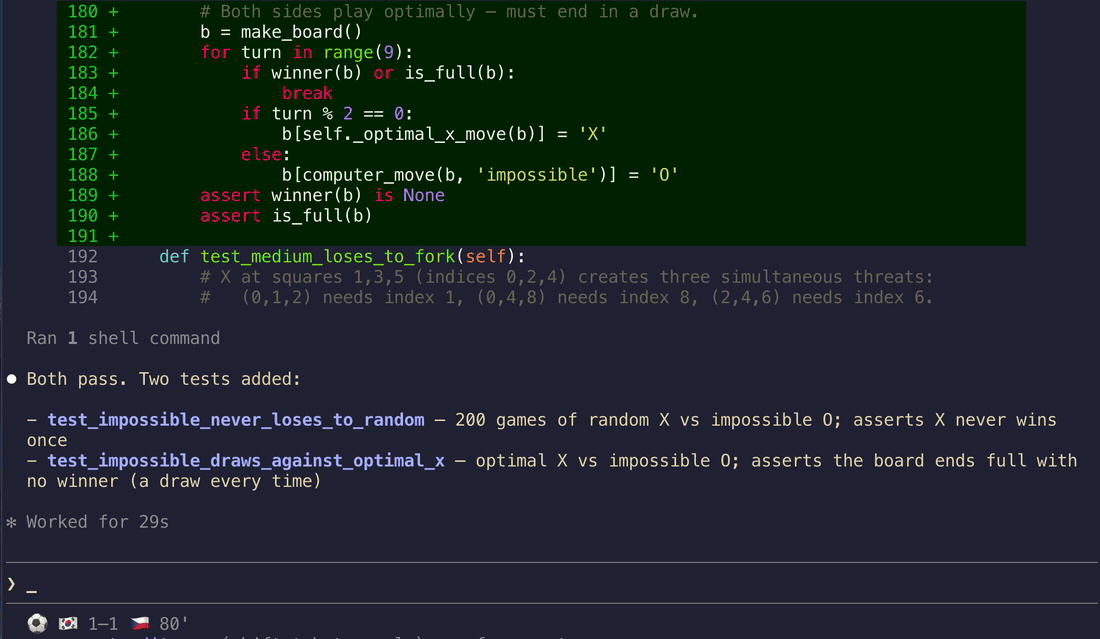 A Claude Code statusline flipping to a live World Cup score — South Korea 2–1 Czechia — while tests run in the terminal