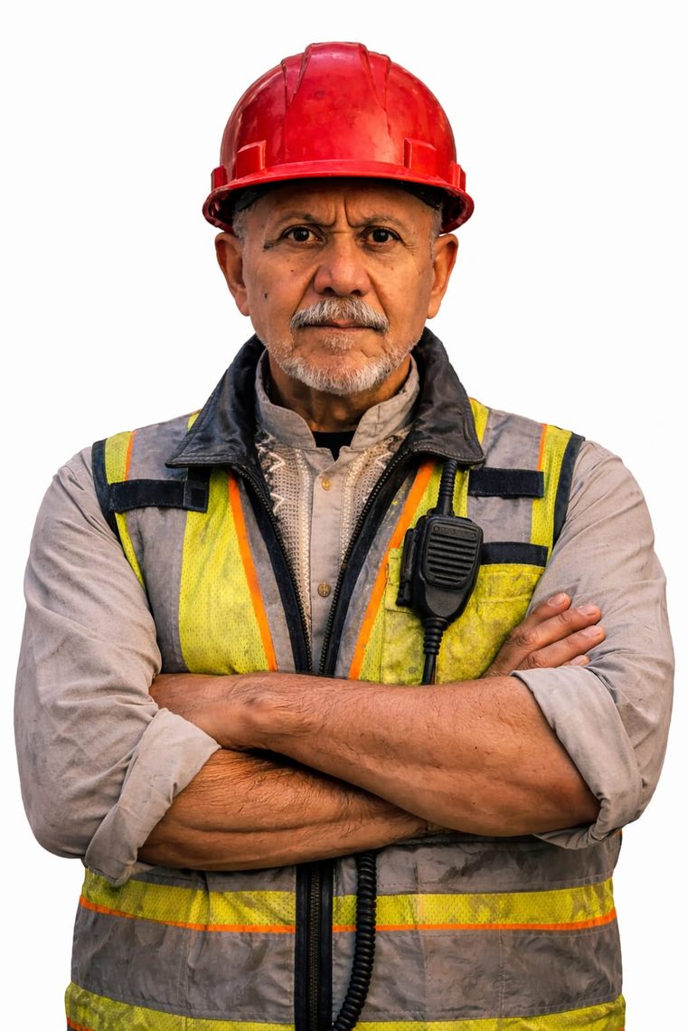 Jesús Pedroza, entrenador de seguridad, con casco y chaleco