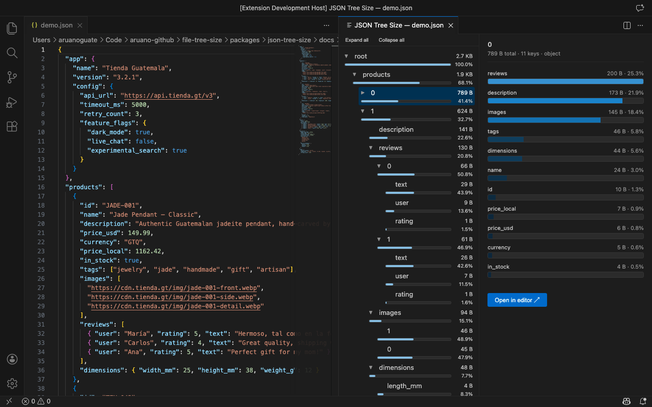 JSON Tree Size — split view with tree explorer and detail bar chart