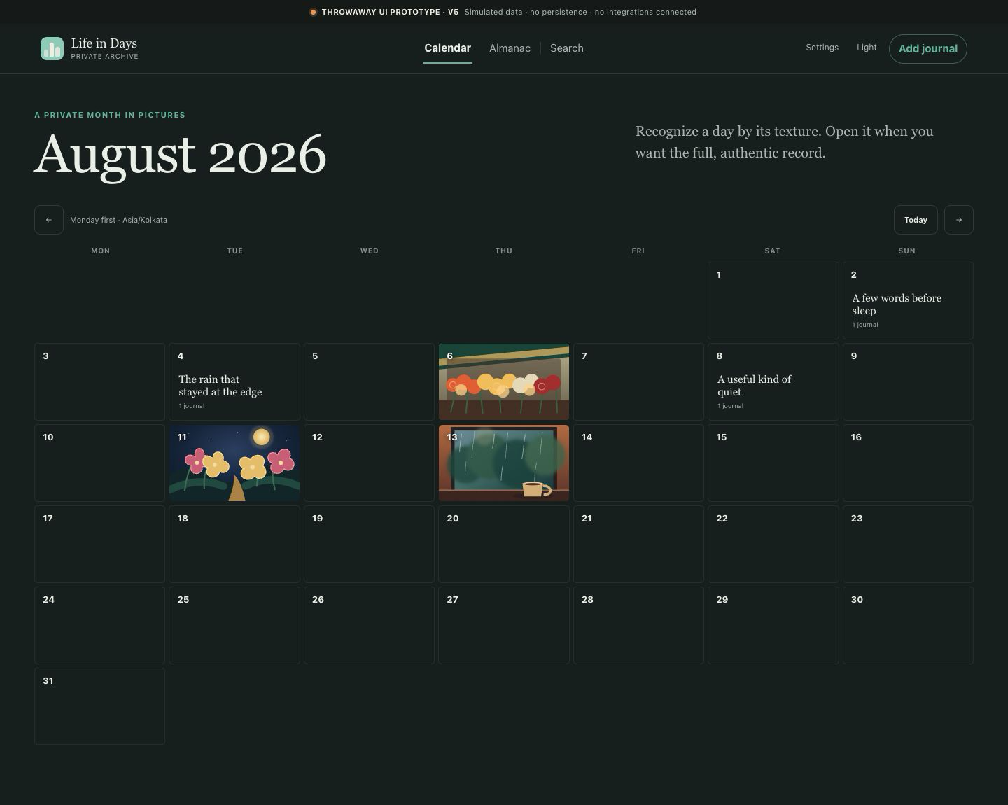 v5 calendar landing with simulated populated days