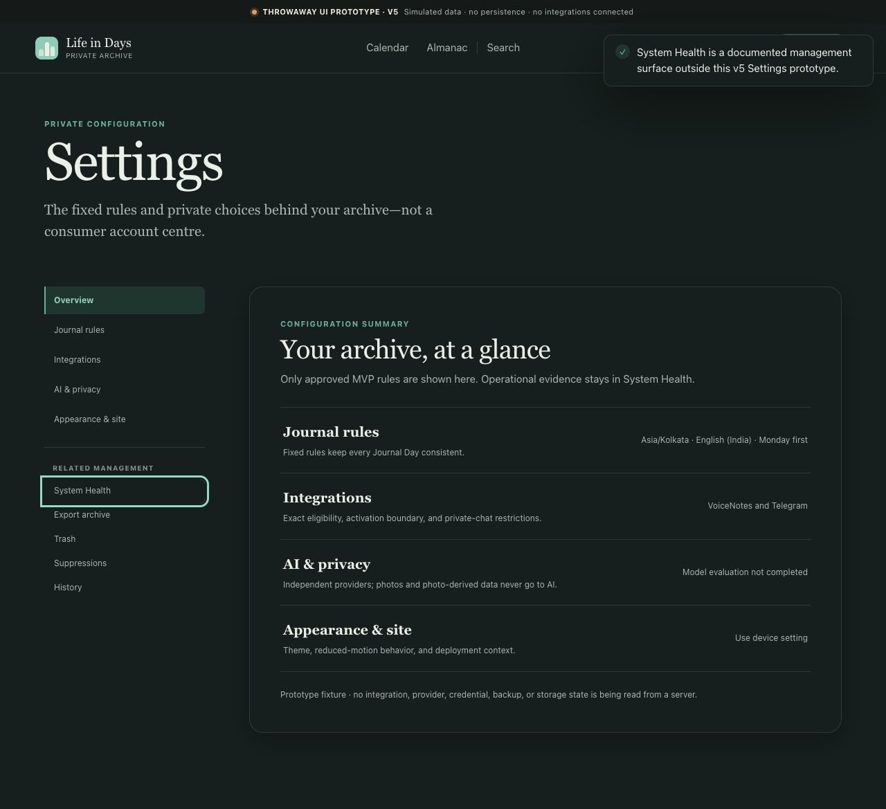 System Health placeholder