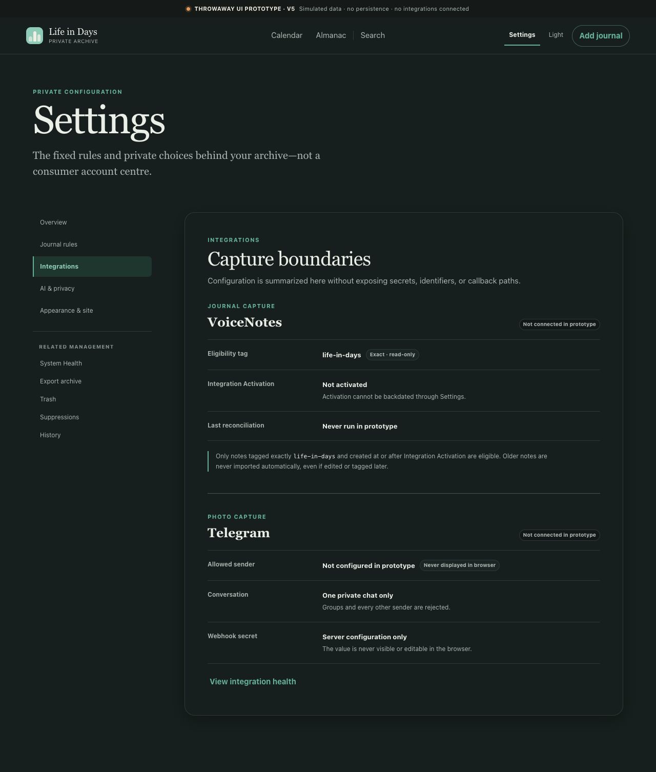 Settings integrations