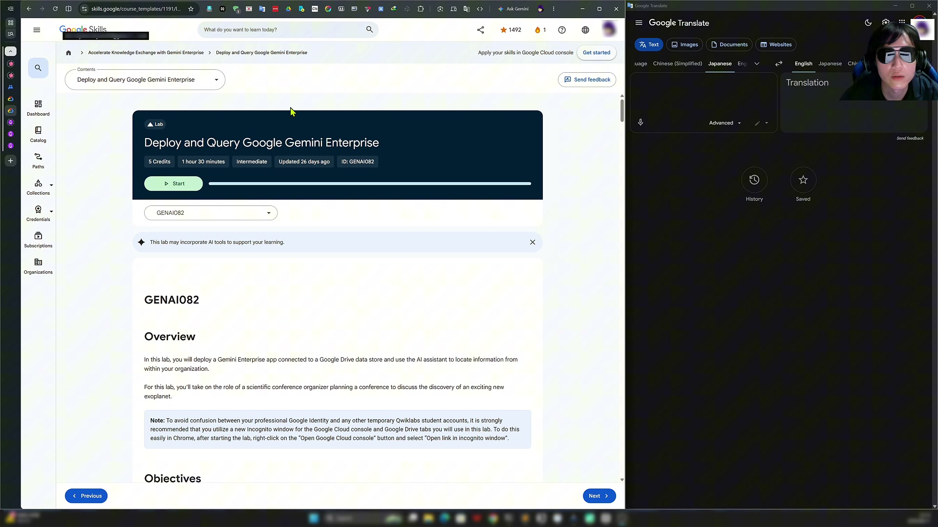 Lab detail page: confirming the lab is "Deploy and Query Google Gemini Enterprise" and getting ready to press Start