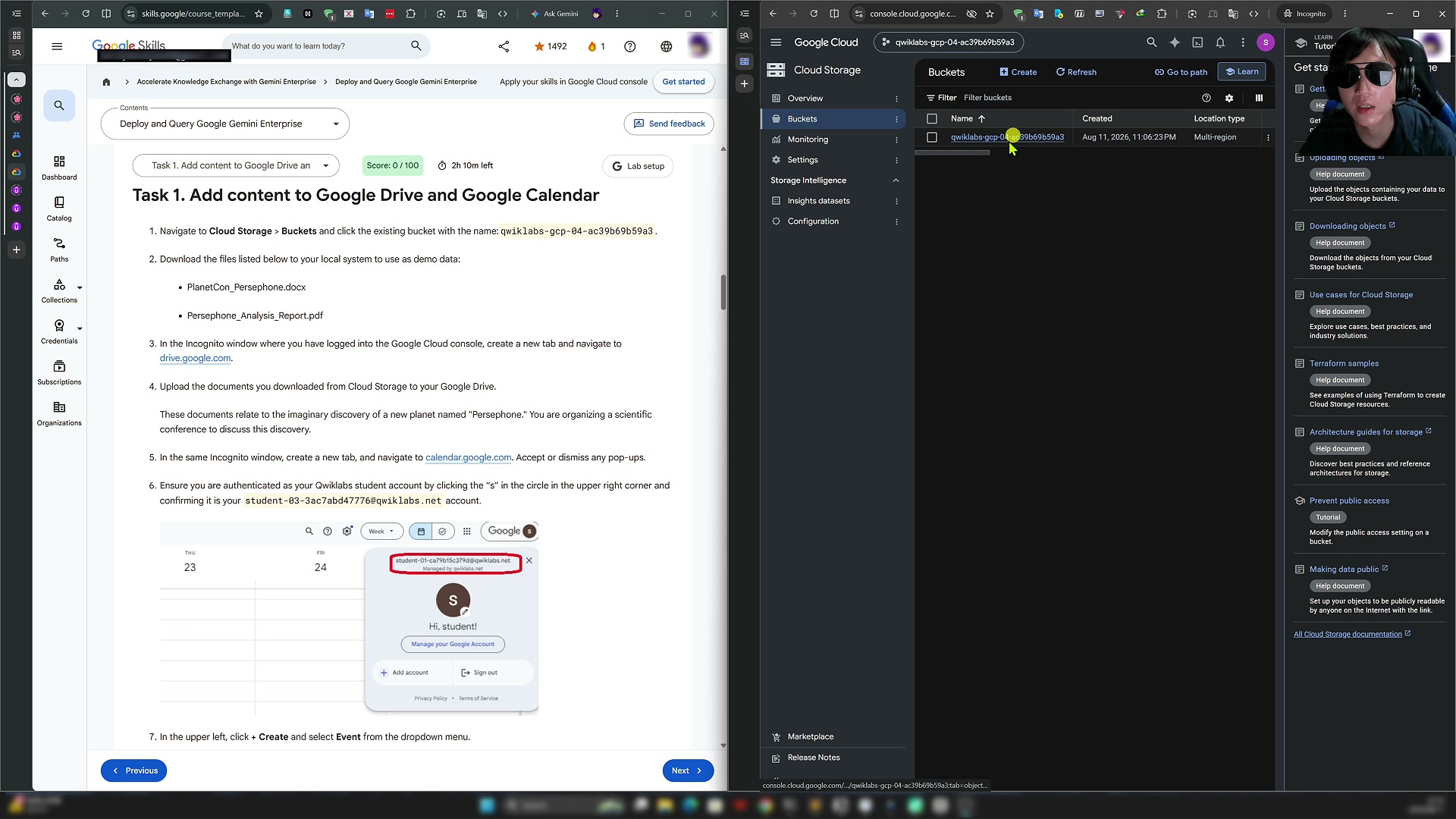 Finding the lab's designated bucket on the Google Cloud Storage page