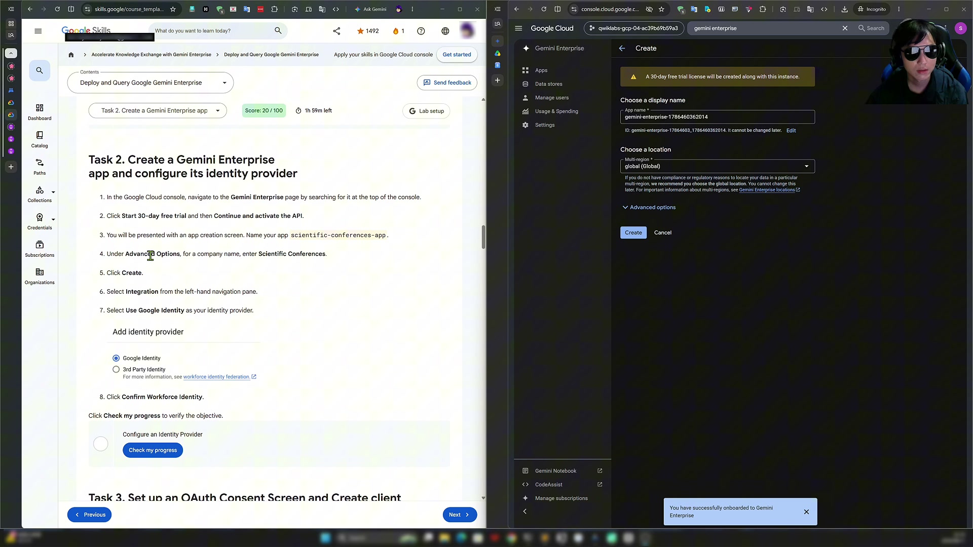 Entering the app name and selecting the deployment region in the Gemini Enterprise console to complete initial app configuration