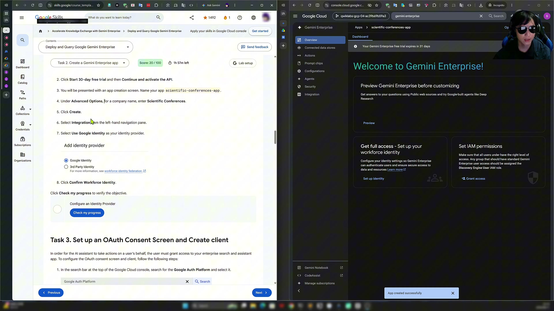 The Gemini Enterprise console after the app is created, with the success toast at the bottom and the Integration module in the left nav