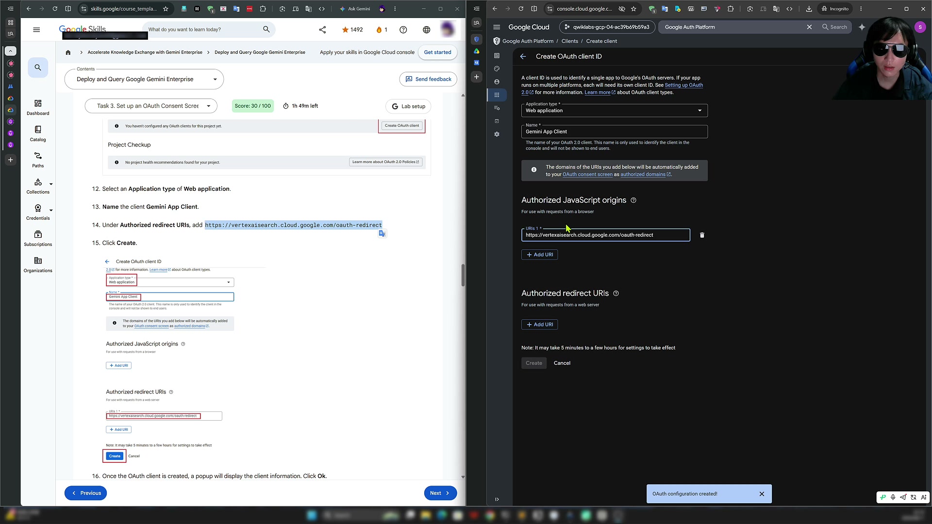 Configuring the OAuth client in the Google Cloud console, entering the lab-specified redirect URI into the form