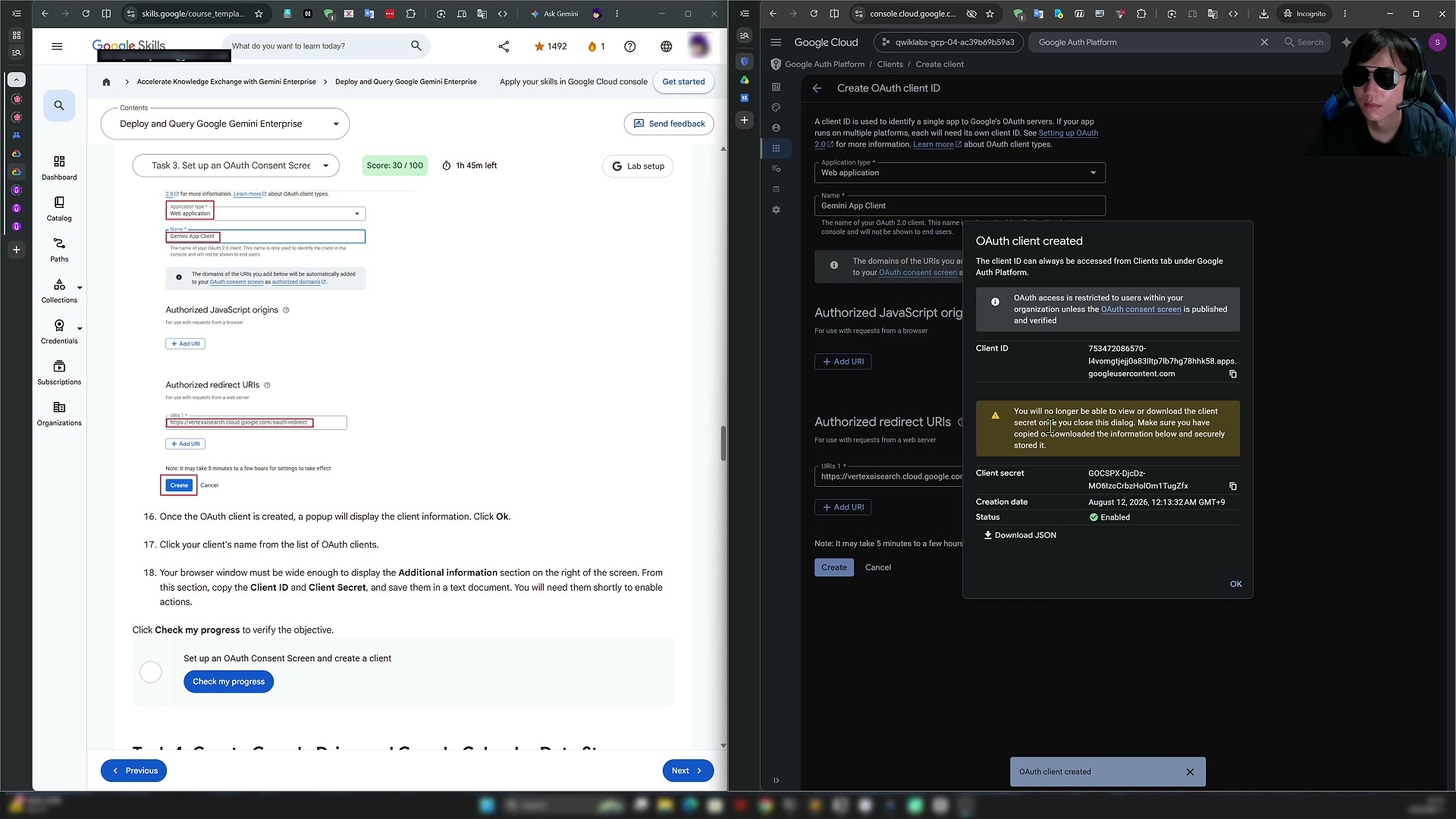 After creating the OAuth client, confirming the credentials in the popup and clicking "Download JSON" to save the config file