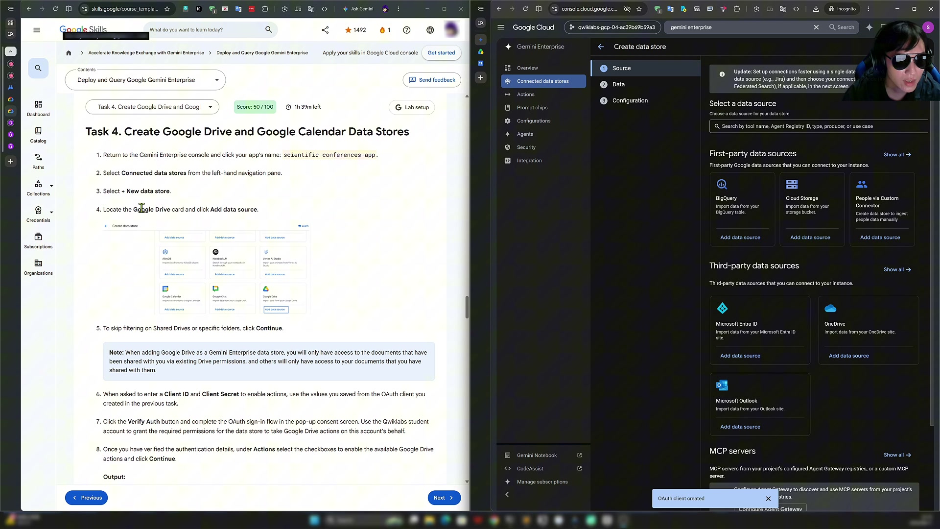 In the Gemini Enterprise console, entering the Connected data stores screen and getting ready to pick Google Drive from the data source list