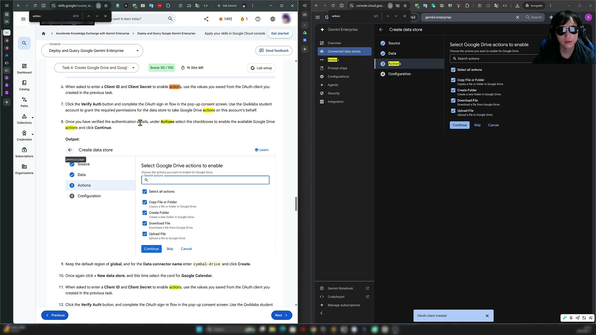 In the Create data store flow, checking the boxes to enable the required Google Drive actions