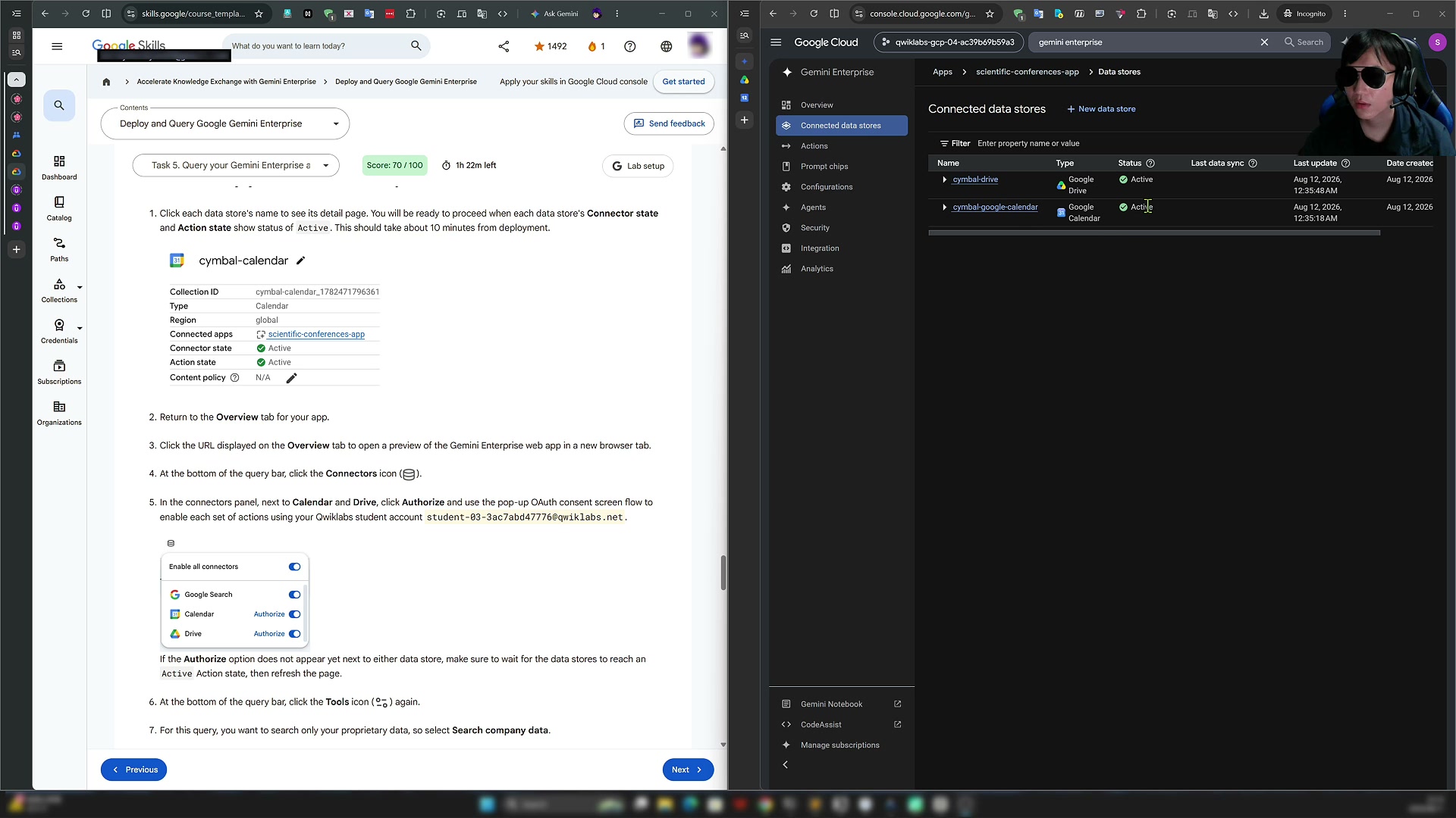 Confirming in the Google Cloud console that both the Google Drive and Google Calendar data stores are now Active