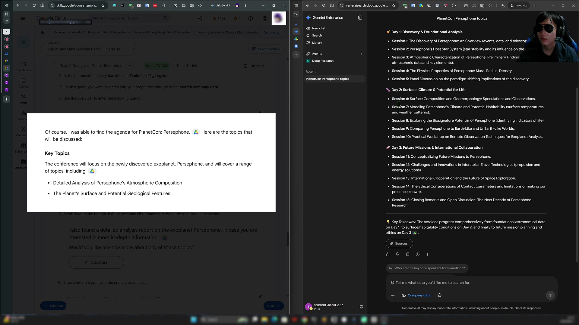 The detailed search result Gemini Enterprise produced for the PlanetCon agenda query, aggregating and structuring multi-day conference information