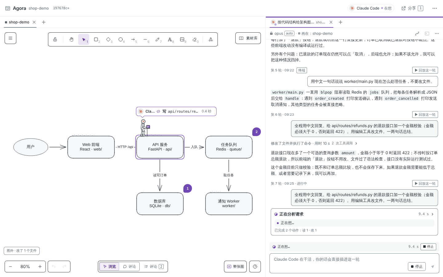 画布与会话并排:左边是项目的架构图和评论钉,右边是 Claude Code 会话