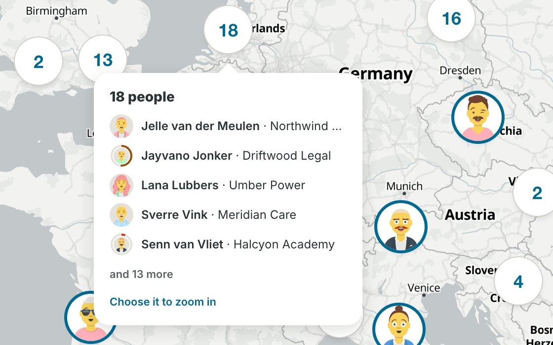 The map with clusters of people and the People pane