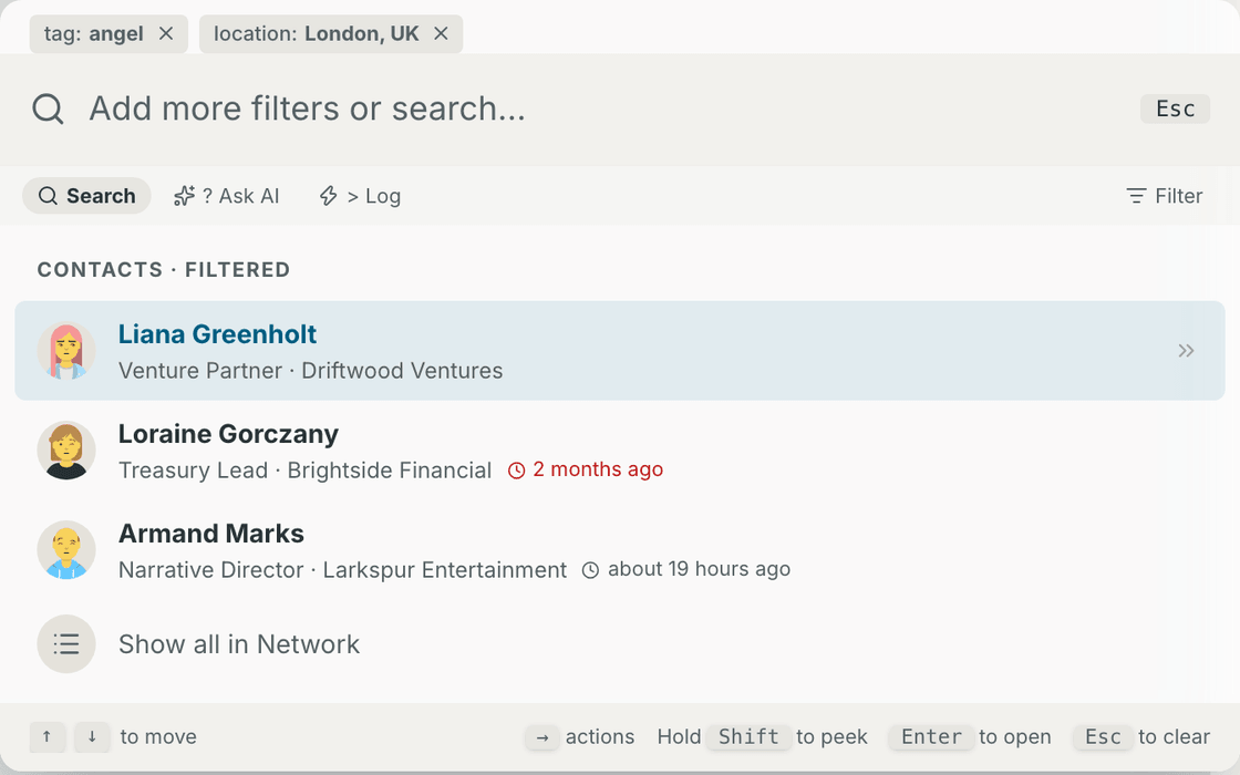 The command palette with search results and a facet filter