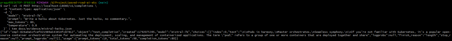 Mistral 7B first inference response — Kubernetes explained like a magician's assistant