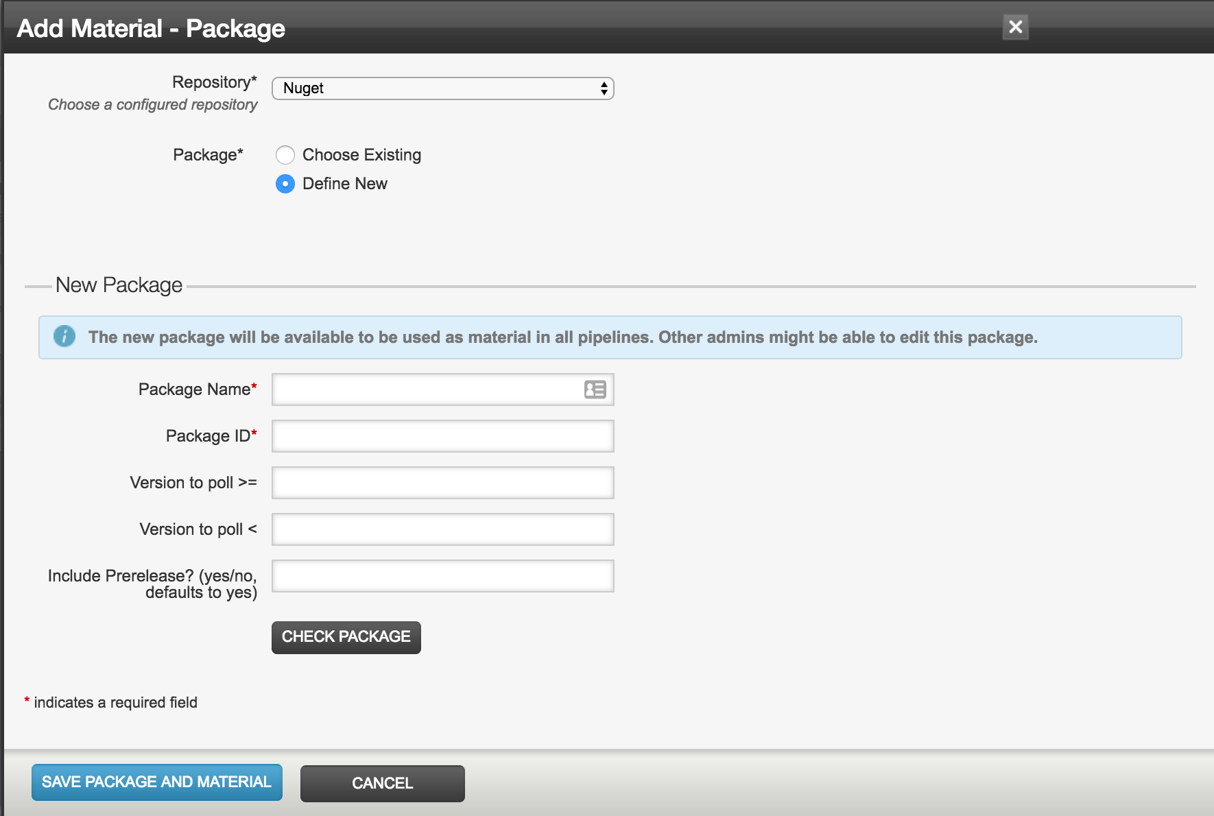 Define a package as material for a pipeline