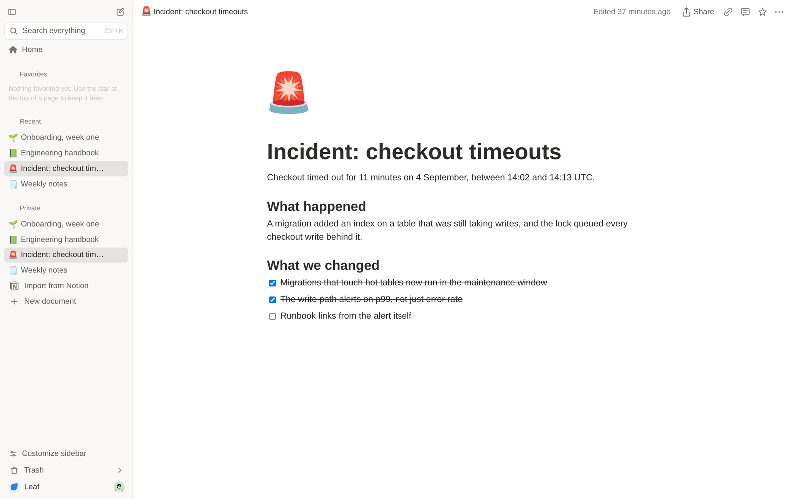 An incident write-up in Leaf, showing headings and a checklist of follow-up actions