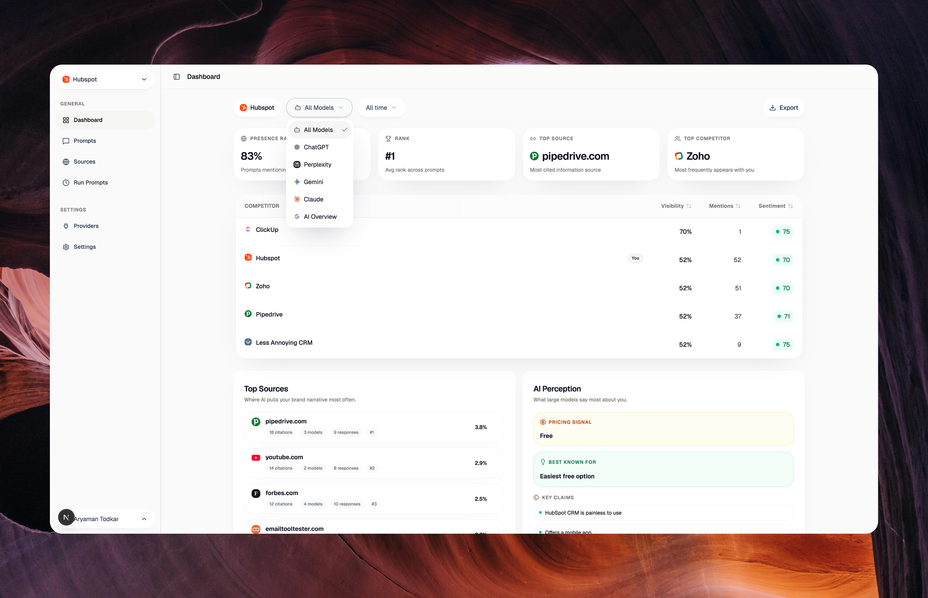 OneGlanse dashboard showing AI visibility, rank, sources, and prompt analytics