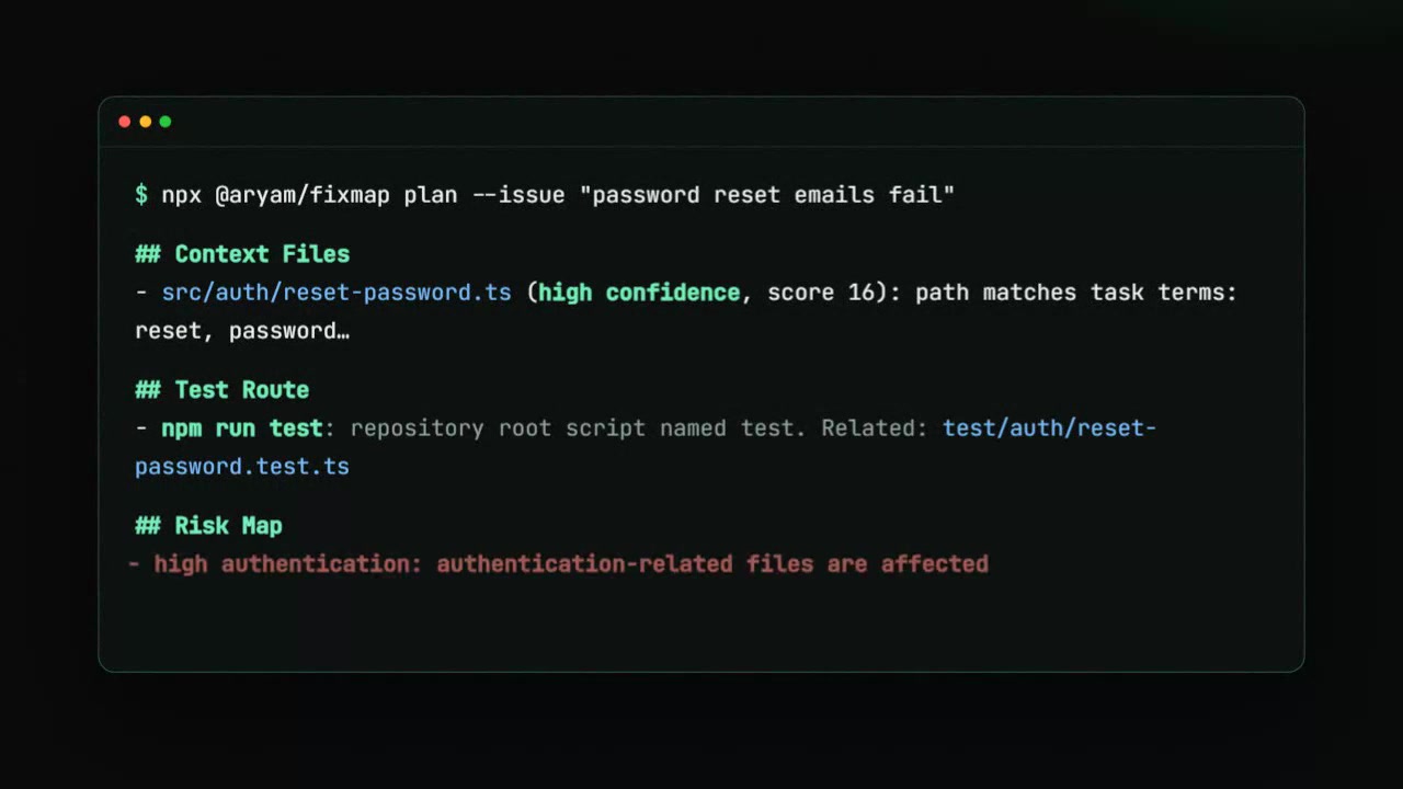 FixMap launch film preview: a terminal report showing the ranked reset-password context file, its related test route, and a high authentication risk note.