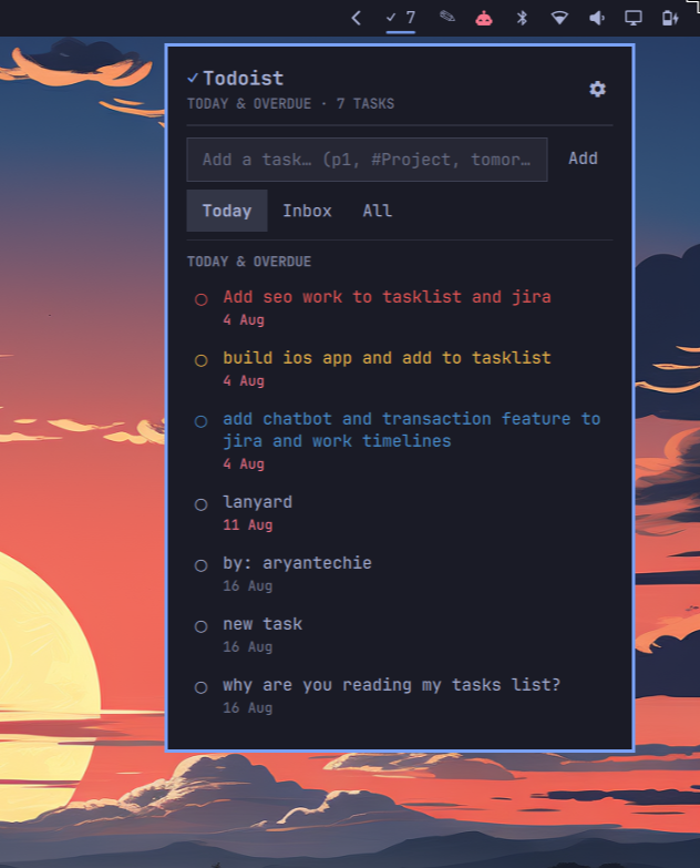Todoist panel showing the Today view, color-coded by priority